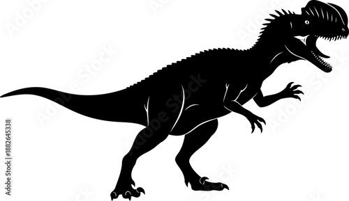 Dilophosaurus dinosaur silhouette, a detailed predatory theropod roaring with its mouth open.