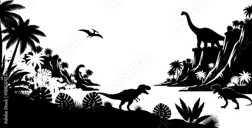 Dynamic prehistoric coastal landscape, featuring various dinosaurs, palm trees, and a flying pterodactyl, simple black vector silhouette.