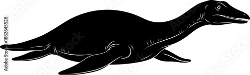 Graceful plesiosaur marine reptile silhouette swimming, detailed vector illustration of ancient sea creature.