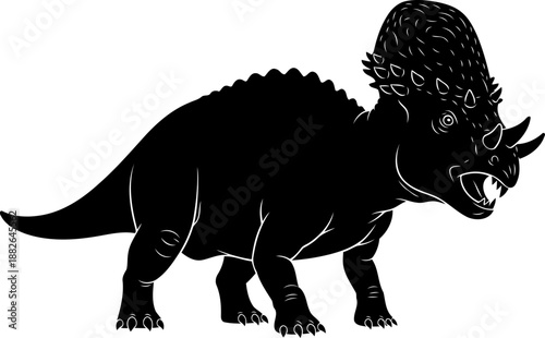 Horned triceratops dinosaur silhouette, depicted in profile with its protective frill, detailed vector graphic.
