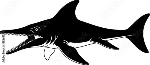 Ichthyosaur marine reptile silhouette, a detailed depiction with sharp teeth and fins.