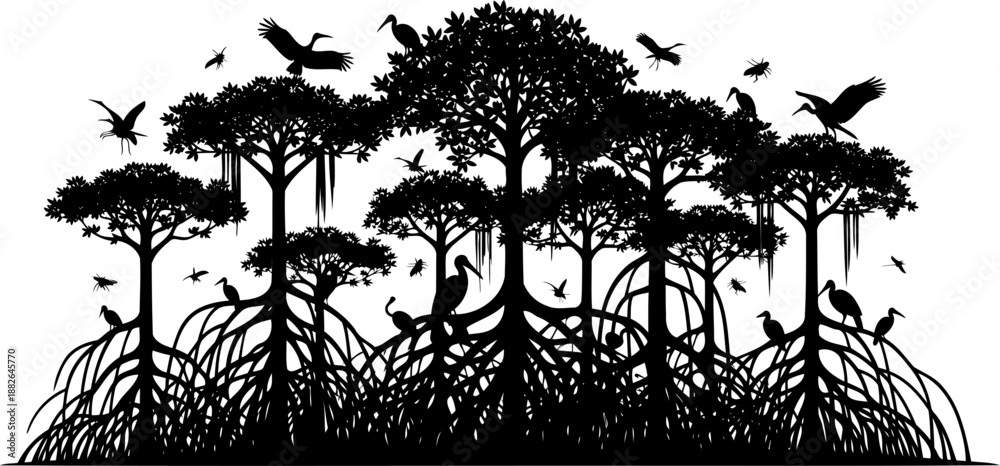 Fototapeta premium Mangrove forest ecosystem, dense trees with birds and insects, black vector silhouette.