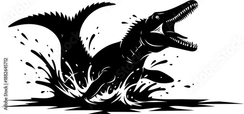 Leaping mosasaurus marine reptile silhouette, detailed vector illustration of an aggressive sea predator.