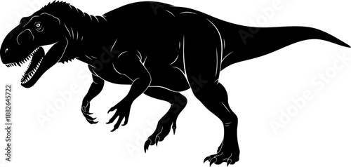 Large giganotosaurus dinosaur, striding forward with an open, roaring mouth, detailed vector silhouette.