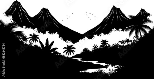 Lush tropical jungle landscape silhouette with towering mountains and a winding river.