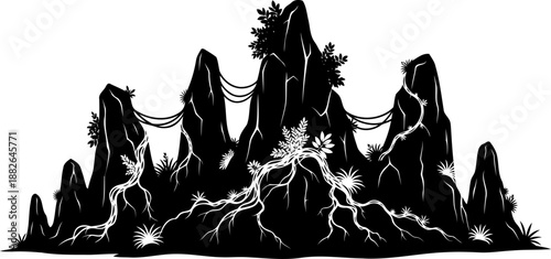 Majestic rocky mountains silhouette with tropical foliage and vines, detailed vector landscape illustration.