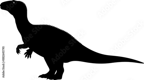 Ornithopod iguanodon dinosaur, standing in profile with its distinctive thumb spike, simple black vector silhouette.
