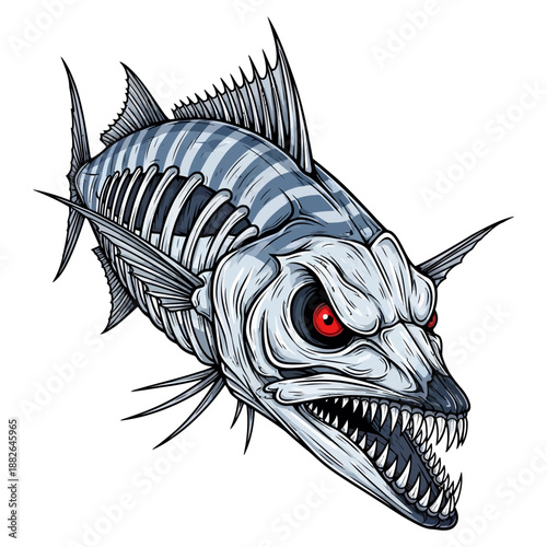 wahoo fish skeleton mascot with red eyes and sharp teeth for fishing team or brand logo