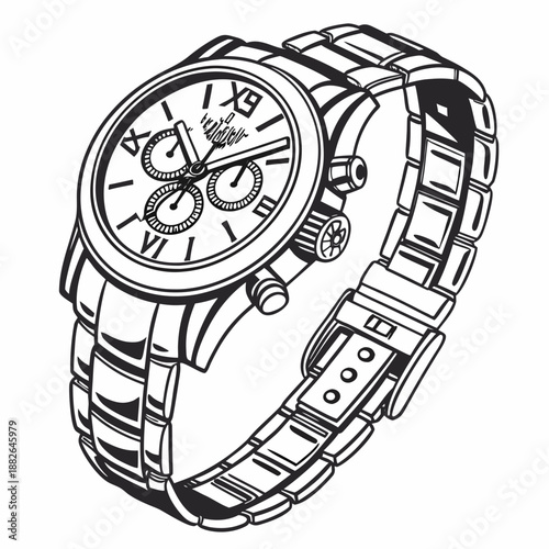 High-End Luxury Wristwatch with Classic Metal Band for Men's Fashion and Timekeeping Concept, Vector Illustration Isolated on White Background