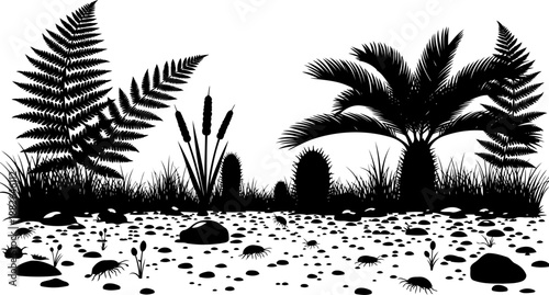 Prehistoric ground silhouette, with ferns, palm trees, cattails, and crawling insects.