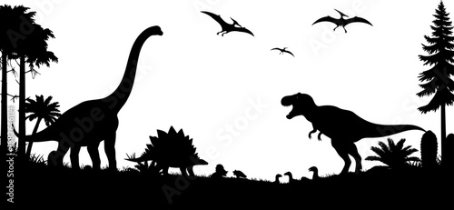 Prehistoric landscape scene featuring various dinosaurs and flying pterodactyls amidst ancient plants, vector silhouette.