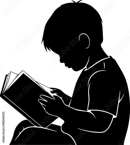 Silhouette Sticker of a Little Boy Sitting and Reading a Book for Education Concept