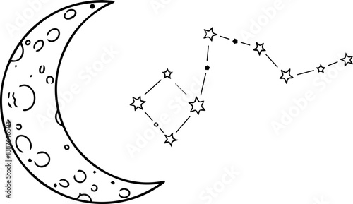 Minimalist celestial sticker design featuring a crescent moon and the Big Dipper constellation