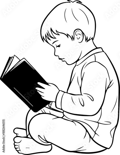 Black line art illustration of a young boy sitting cross legged and focused on reading a book