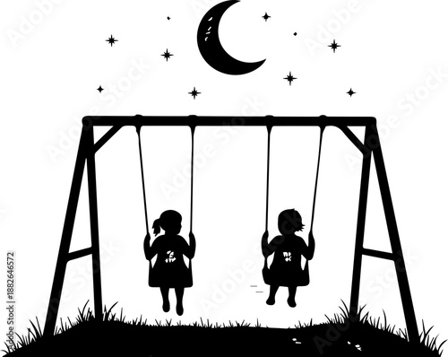 Stippled ink drawing of two children playing on a swing set at night under a crescent moon and stars, nostalgic childhood memories