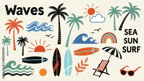 Playful summer scene with tropical elements waves and beach accessories illustration