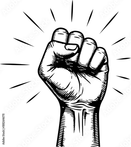 Powerful Engraved Clenched Fist Illustration with Radiating Lines, Symbol of Strength, Protest, Unity and Revolution