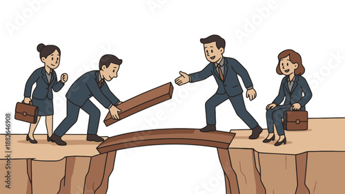 Business professionals working together to build a bridge over a gap