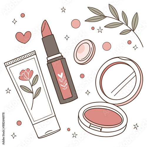 Women's beauty flat lay aesthetic on white background, featuring makeup and skincare essentials for personal care