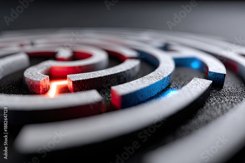 Abstract colorful labyrinth with a glowing center, symbol of finding solutions
