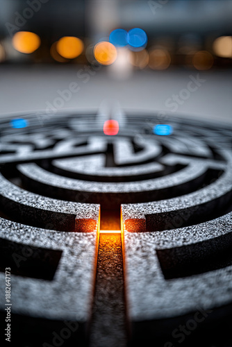 Abstract colorful labyrinth with a glowing center, symbol of finding solutions
