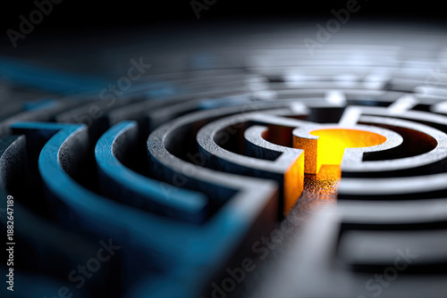 Abstract colorful labyrinth with a glowing center, symbol of finding solutions
