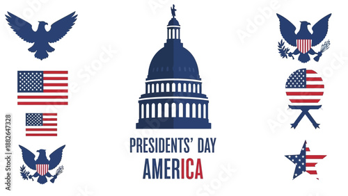 Vector illustrations of American symbols and the US Capitol building celebrating Presidents' Day in America with patriotic icons.