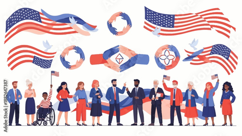 Illustration of diverse people celebrating Presidents' Day with American flags and patriotic symbols on a white background, conveying a sense of unity and festivity.