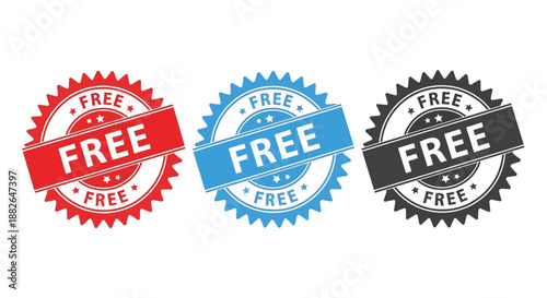 Three colorful free stamps on a white background for marketing purposes