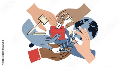 Illustration of diverse hands holding symbols of justice, freedom, and global unity on Presidents’ Day, a Federal Holiday in America, conveying a sense of people coming together.