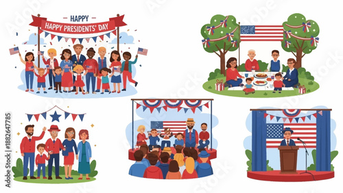 Illustrations of diverse people celebrating Presidents' Day and a Federal Holiday in America with patriotic decorations and American flags.