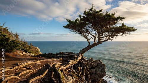 A windswept tree clings to a cliff overlooking the ocean roots exposed