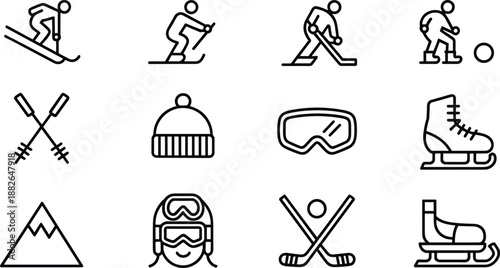 Winter Sports Line Icons Set Featuring Skiing, Snowboarding, Ice Hockey, Skates, Goggles and Mountain Symbols in Clean Minimal Outline Style