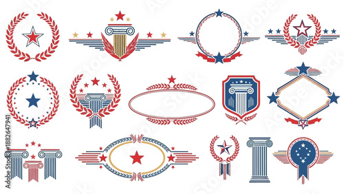 Collection of patriotic vector illustrations and icons for Presidents' Day, featuring stars, ribbons, and badges in red, white, and blue colors on a clean white background.