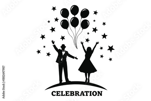 Man and woman celebrating with balloons and stars in the air on white background