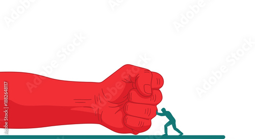 A powerful red fist holds up a small person on a green surface