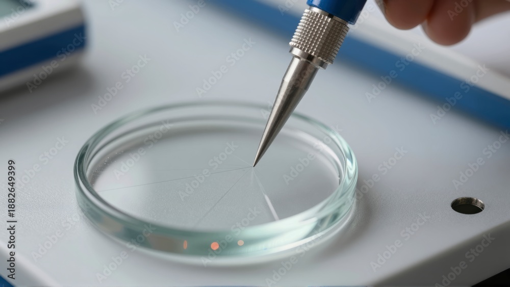 Naklejka premium Hand holding fine tipped instrument over a petri dish in a laboratory setting