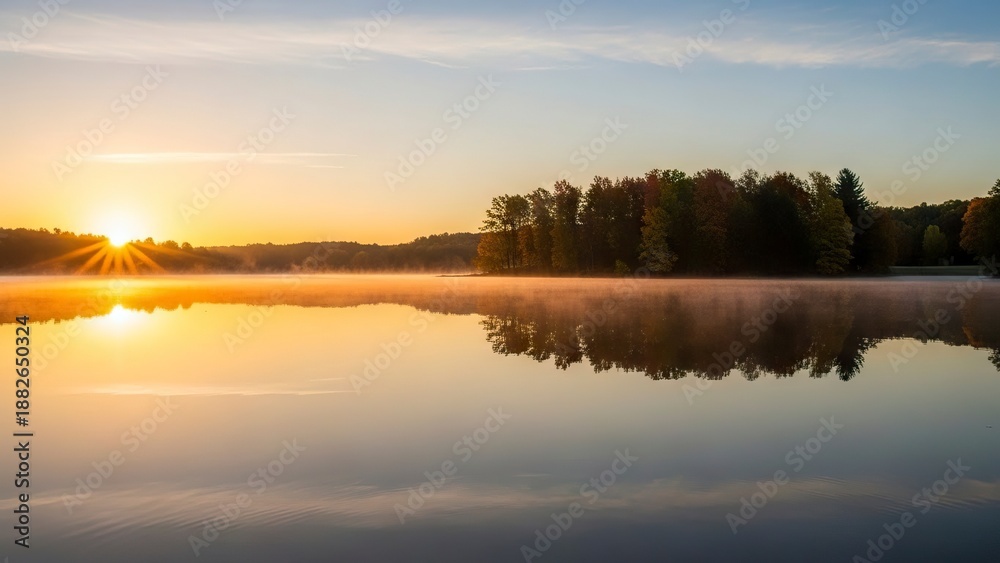 Obraz premium Sun rising over still water casting golden light across a forest and reflecting on the lakes surface