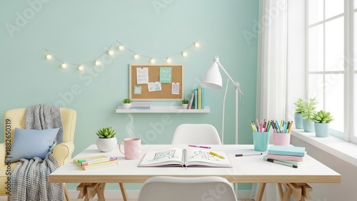 Bright room setup white desk chair pastel décor corkboard yellow armchair books pens plants drawing lamp window garland