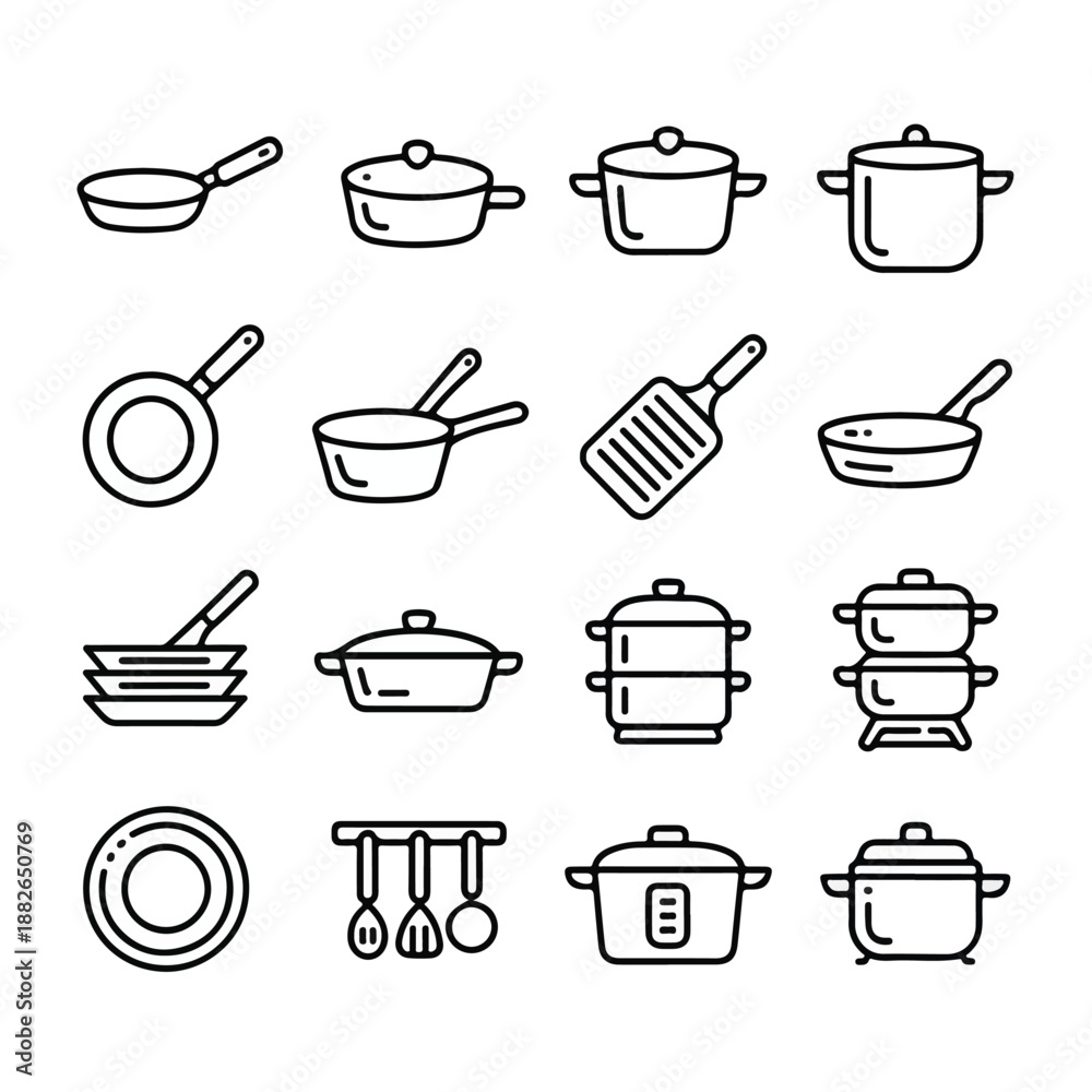 Obraz premium Cookware & Kitchen Pots Icon Set – Minimal Line Outline Collection