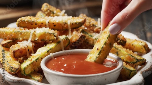 Golden fries topped with sesame and herbs, served with a red dipping sauce in a rustic bowl on board