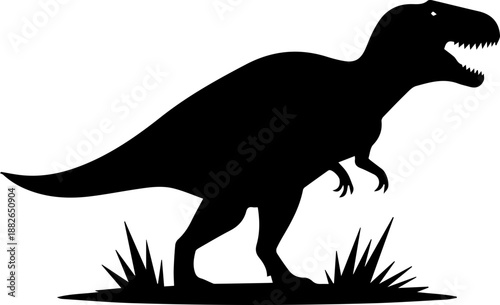 Stylized dark blue tyrannosaurus rex dinosaur standing in grass, modern vector illustration.