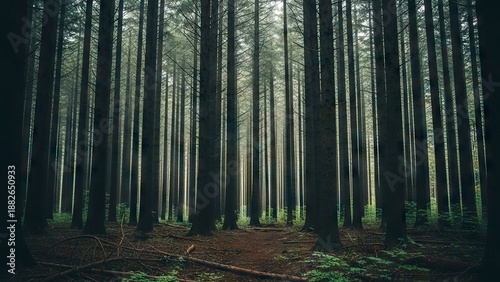 Forest interior tall dark trees in rows earthy floor with green plants