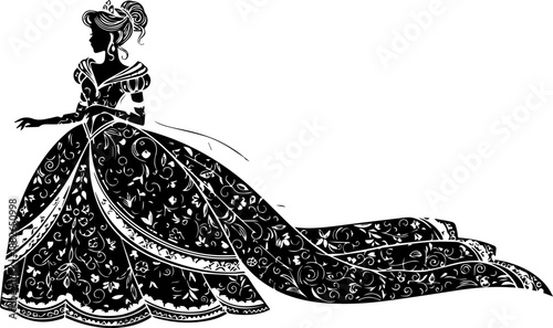 Black silhouette of an ornate princess in a detailed ball gown with a long, flowing train.