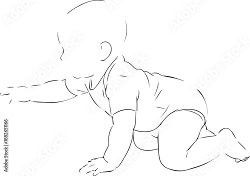 Line art sketch of a baby crawling, first steps and exploration, innocence and development, simple drawing