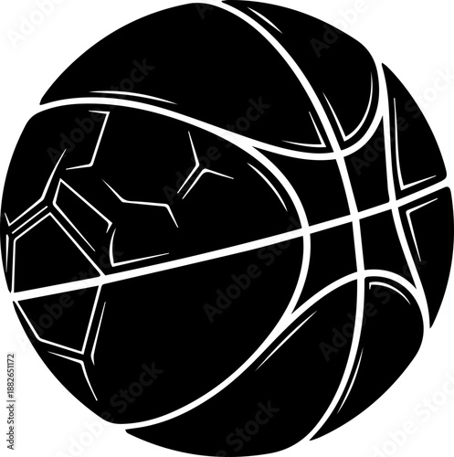 Black basketball with white lines and stippled texture, sport equipment and active lifestyle icon