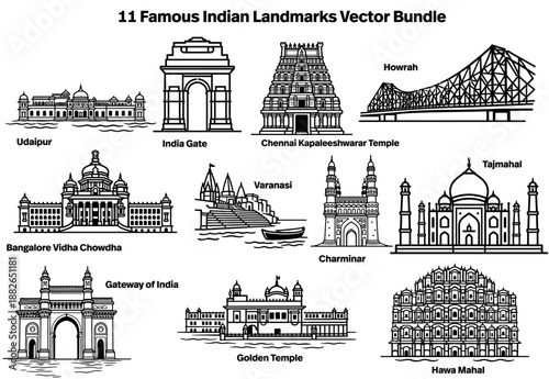 11 Famous Indian Landmarks Vector Bundle - Minimalist Line Art Icons of Taj Mahal, India Gate, and Temples Isolated on White