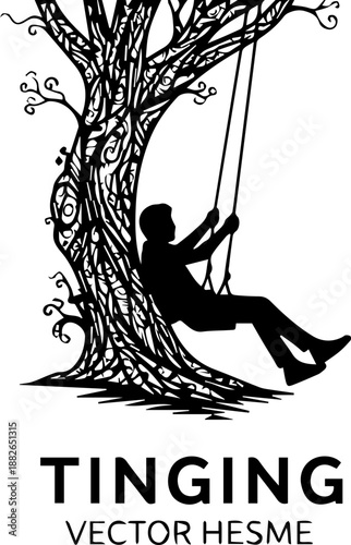 Silhouette of a person joyfully swinging from a rope swing attached to a large, stylized tree with swirling branches.