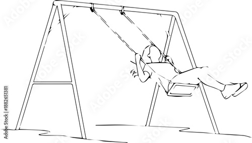 Simple Line Art Drawing of a Child Joyfully Swinging High on a Playground Swing Set