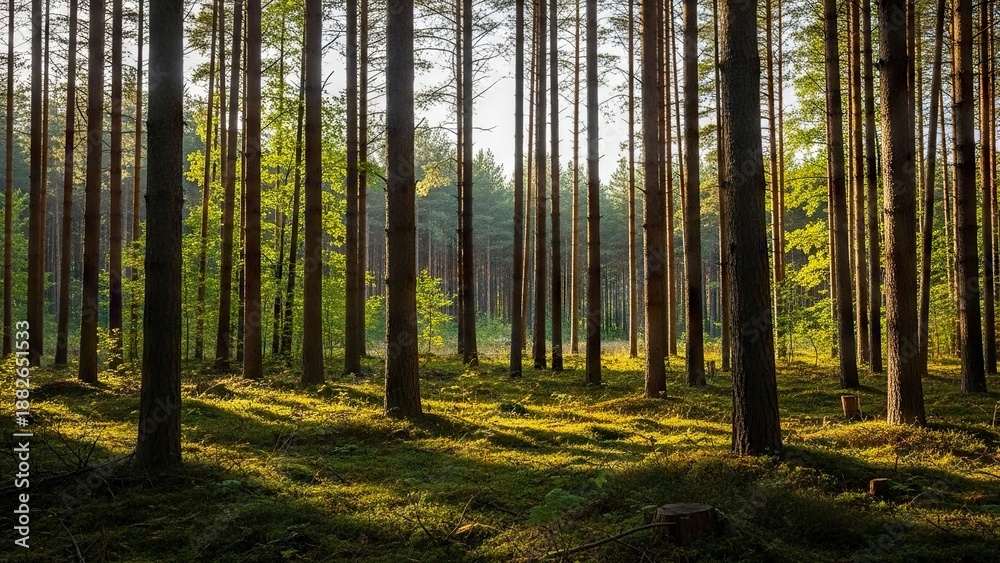Obraz premium A forest scene of tall thin trees with dappled sunlight on a mossy ground